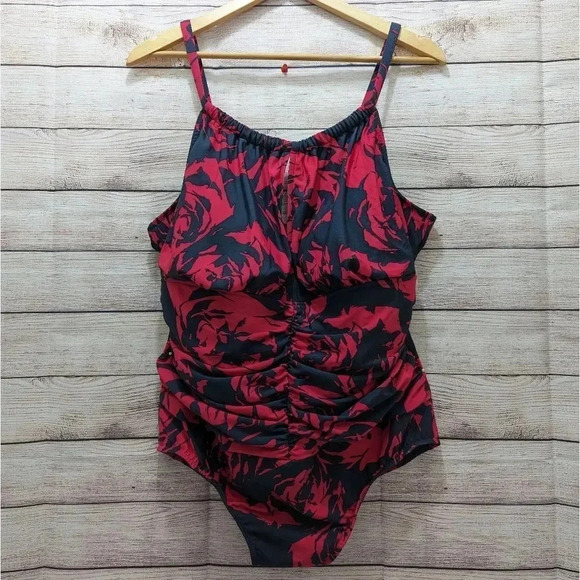 MagicSuit One Piece Swimsuit Size 20W Tummy Control Ruched Swimdress Gray Red - Picture 1 of 15